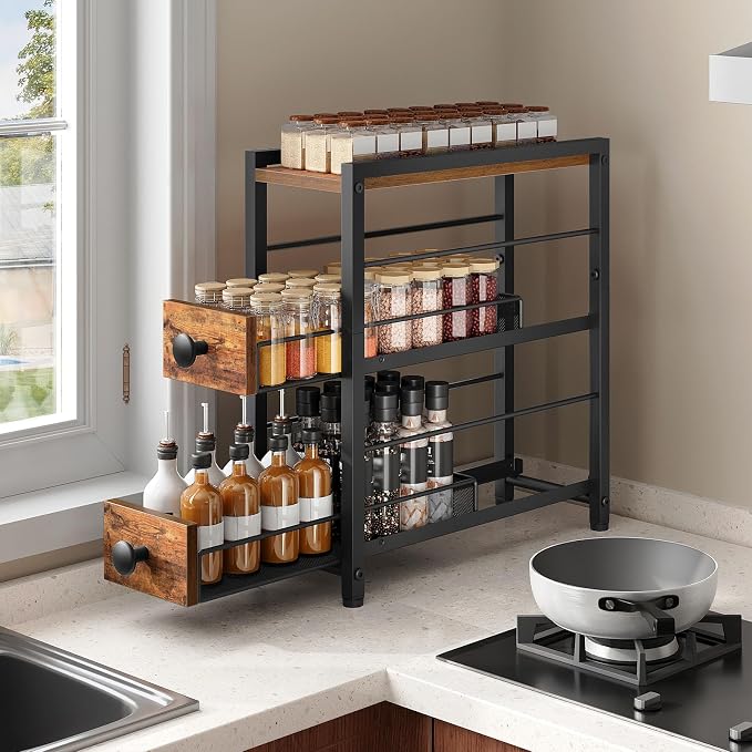 Spice Rack, 3-Tier Pull Out Spice Rack Organizer for Countertop, Narrow Kitchen Countertop Storage Shelf with 2 Drawers, for Kitchen, Cafe, Rustic Brown and Black SR02BR