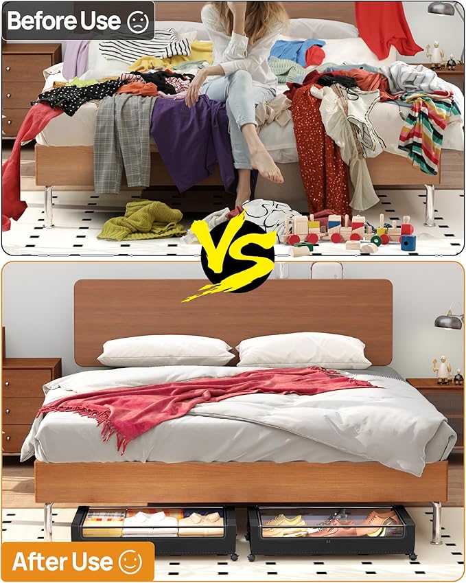 Under Bed Storage with Wheels, Square Under Bed Storage Containers, 4 Pack Under The Bed Storage Bins, 60L Under Organizer with Clear Lids, Rolling Underbed Storage For Clothes, Shoes...