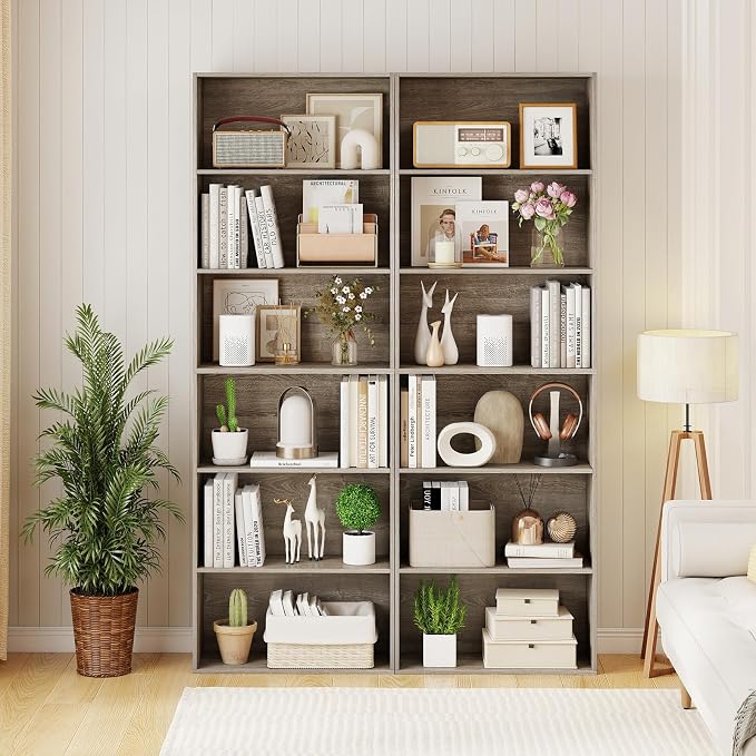 Giantex 6-Tier Bookcase, 70" Tall Wooden Bookshelf, Freestanding Storage Organizer w/Open Shelves, Anti-Tipping Kits, Modern Floor Standing Display Shelves for Living Room, Bedroom,Grey