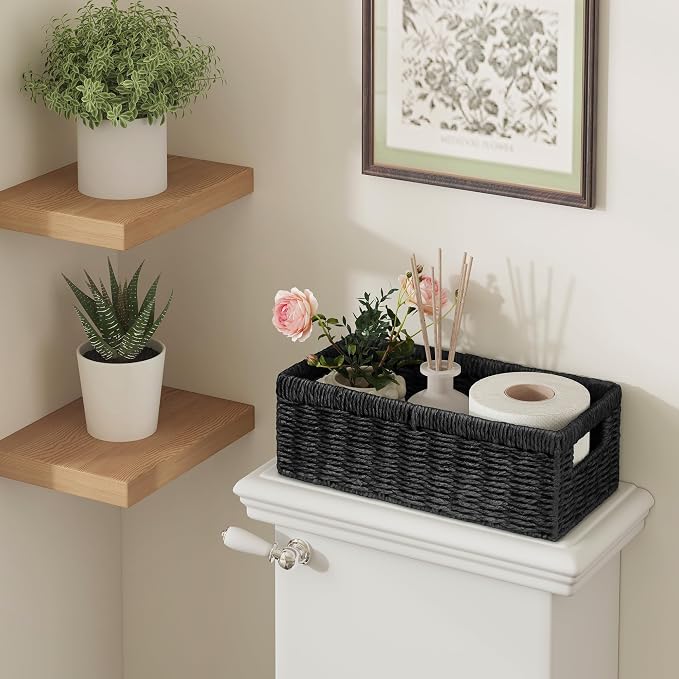 Wicker Storage Basket, Set of 2 Hand-Woven Paper Rope Wicker Baskets for Organizing Decor Storage Bins for Counter Shelves Pantry Basket Small Toilet Paper Basket for Toilet Tank Top, Black