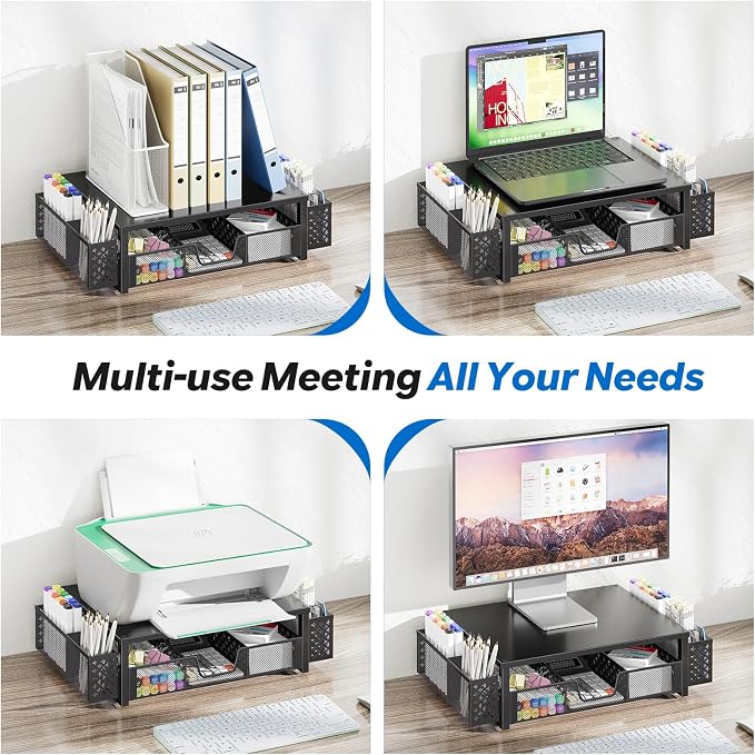 Simple Trending Desk Organizer, Computer Monitor Stand Riser, Black | Metal Laptop & Printer Stand, Desktop Organizer with Drawer & 2 Pen Holders, Anti-Slip Pads, 18.5"W x 9.5"D x 4.75"H