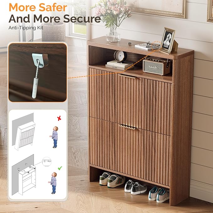 VINGLI Walnut Slim Shoe Cabinet for Entryway, Curved Hidden Shoe Storage Cabinet with 2 Flip Drawers & Open Shelf, Modern Narrow Shoe Organizer with Fluted Panel & Anti-Tip Kit, 32.7" W, Dark Wood