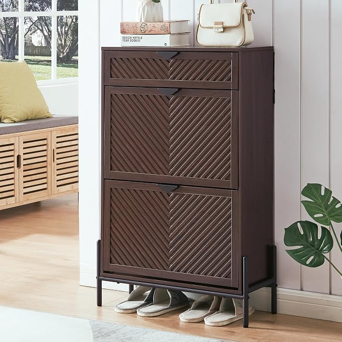 Shoe Cabinet with 2 Flip Drawers, Narrow Entryway Rack, Brown | Slanted Wood Grain, Freestanding, Adjustable Compartments, Removable Middle Shelf, Metal Handles, for Hallway Foyer Entrance