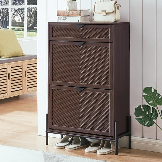 Shoe Cabinet with 2 Flip Drawers, Narrow Entryway Rack, Brown | Slanted Wood Grain, Freestanding, Adjustable Compartments, Removable Middle Shelf, Metal Handles, for Hallway Foyer Entrance