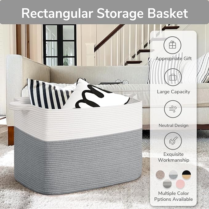 Goodpick 105L Extra Large Woven Blanket Basket Cotton Rope Storage Baskets for Organizing, Rectangle Baby Laundry Basket for Living Room Home Decor, 25"x16"x16", White & Gray
