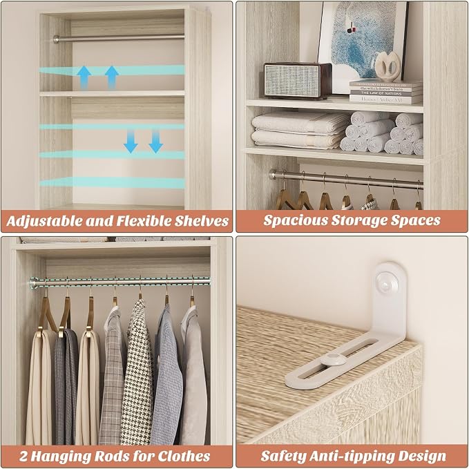 Unikito 25” Closet System, Freestanding Closets Organizer Wardrobe with Hanging Rods and Shelves, Adjustable Clothes Garment Racks, Sturdy Walk in Closet Tower, 25" W x 16" D x 80" H, White Oak