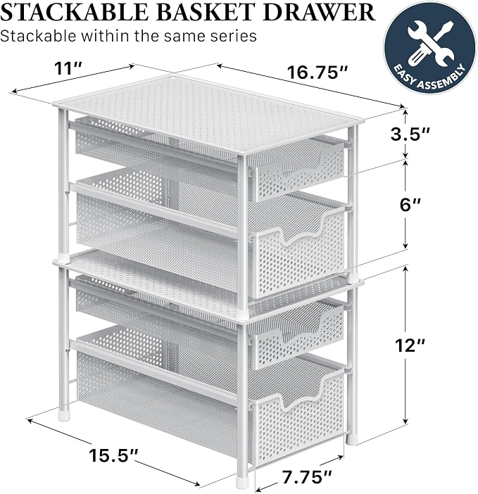 Simple Houseware Stackable 2 Tier Sliding Basket Organizer Drawer, White