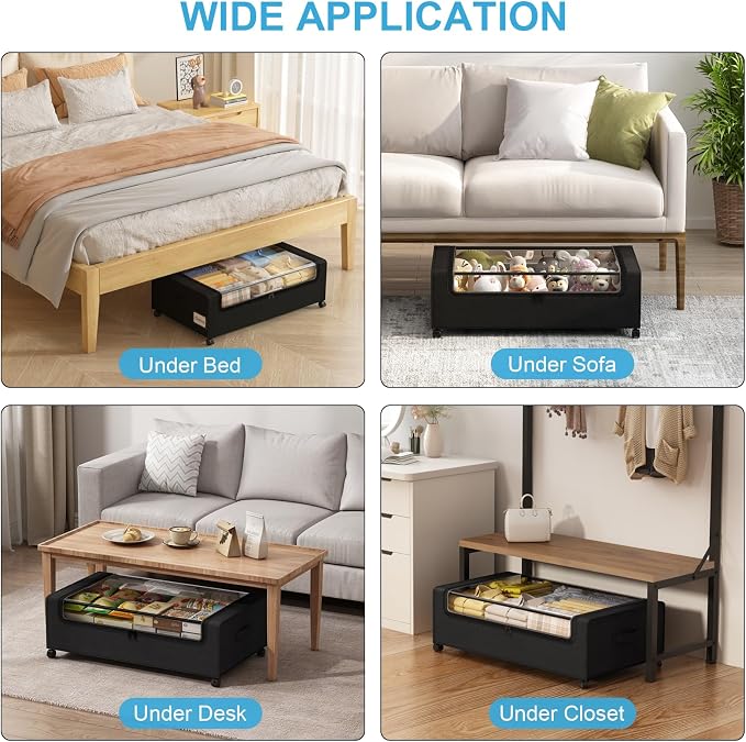 Webetop 10 Inch Underbed Drawer Storage Wheeled 2-Pack for Shoes & Clothing | Transparent Window for Visibility, Sturdy Metal Frame, Dual Zipper Access, Easy-pull Handle Straps,Bedroom Storage Solution
