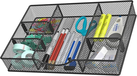 VyGrow Desk Drawer Organizer Tray, Metal Mesh Drawer Organizers Office, 6 Adjustable Compartment, Desk Organizer Tray for Home Office 12 x 8.26 x 1.96 inch, Black, 1 Pack