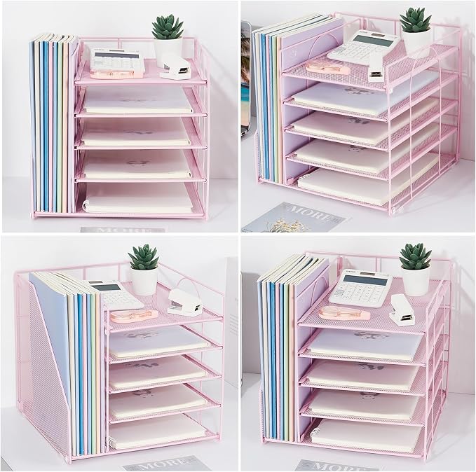 LEKETREE Desk Organizers and Accessories, 5-Tier Paper Letter Tray Organizer with File Holder, Desktop Organizer for Office Supplies (Pink)