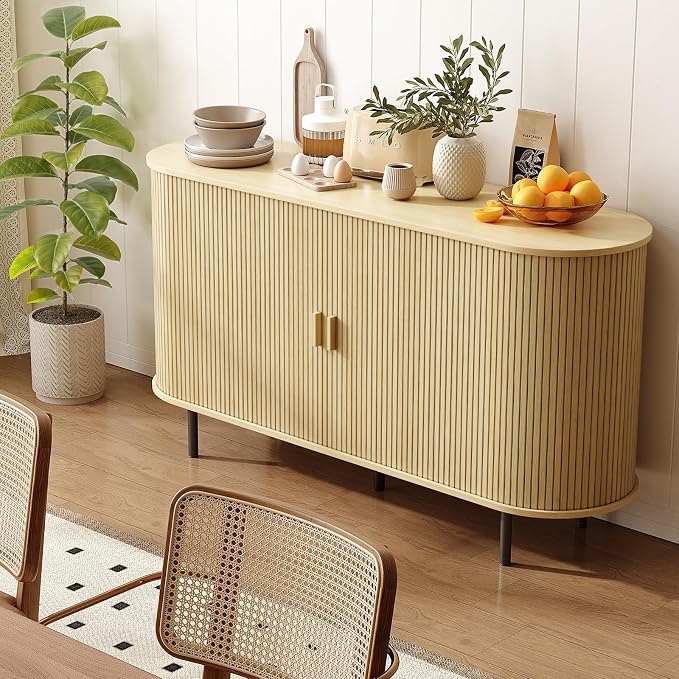 55" Sideboard Buffet Cabinet with Storage, Sliding Door & Adjustable Shelf, Modern Accent Coffee Bar Console Table for Kitchen, Entryway, Oak