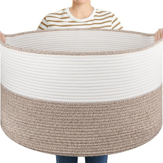 OIASKET Large Blanket Basket with Handles, 22.8" x 22.8" x 13" Woven Storage Basket for Living Room, Cotton Rope Baby Toy Storage for Clothes, Pillows, Towels-Brown & White