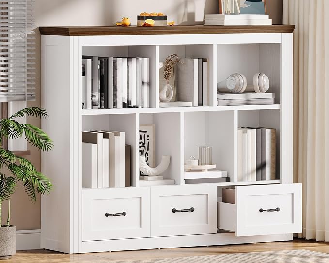 10 Cube Bookshelf Set of 2, Wooden Cubby Storage Organizer, Farmhouse Short Bookcase, Cube Shelf Bookcase with 3 Drawers, 3 Tiers Floorstanding Open Bookshelf, White and Walnut