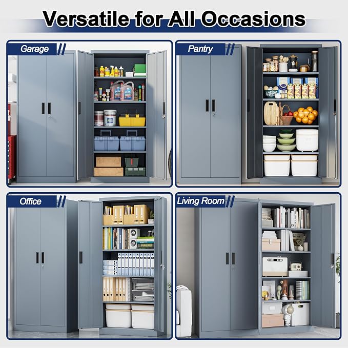 BESFUR Metal Storage Cabinet with 2 Doors and 4 Adjustable Shelves Garage Storage Cabinet with Lock 71" Office Storage Cabinets Locking Cabinets for Garage Office Shop Home (Gray)
