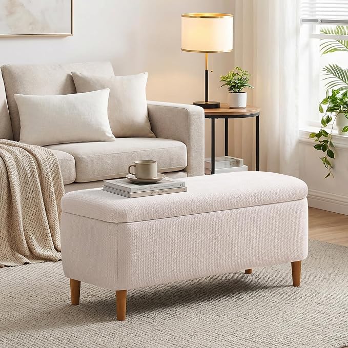 39.4" Ottoman with Storage Upholstered Storage Bench for Living Room | Modern Fabric End of Bed Bench Footstool with Wooden Legs Ottoman Bench for Window Hallway Entryway Bedroom Beige