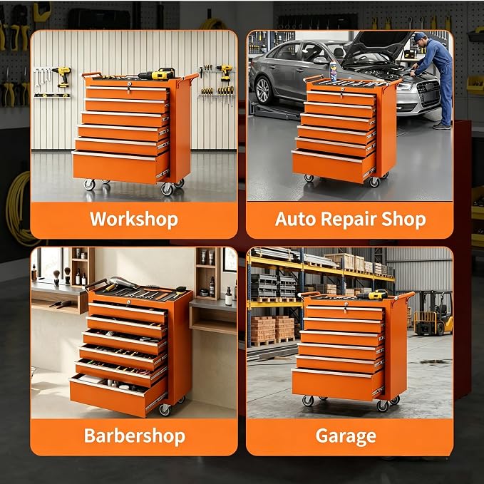 Garvee Rolling Tool Chest, 6 Drawers Tool Storage Cabinet, Toolbox with Wheels, Portable Tool Cabinet Organizer with Locking System & Drawer Liners, Tool Storage Cart for Garage, Workshop, Orange