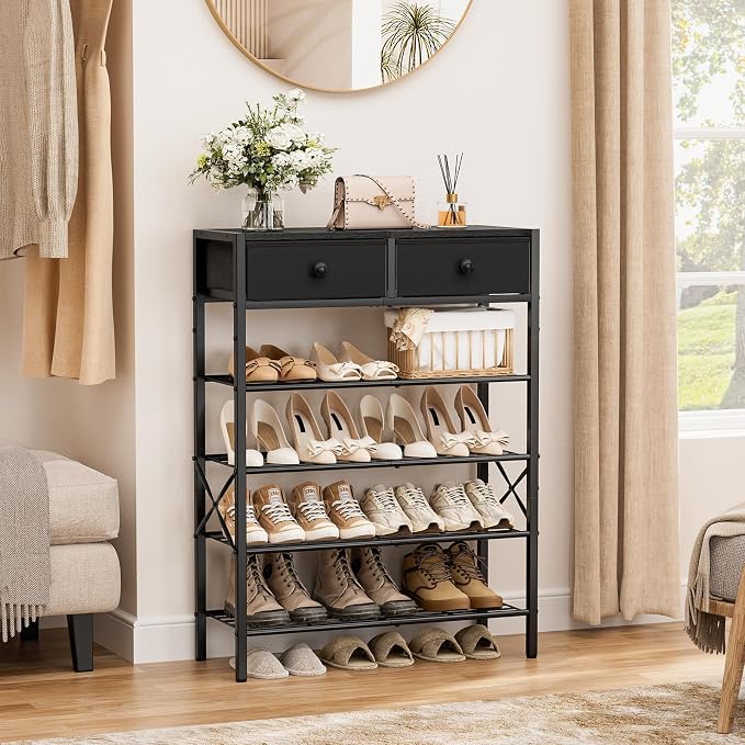 5 Tier Shoe Rack with 2 Drawers, 16-20 Pairs Charcoal | Holds 16-20 pairs. 2 drawers for socks/keys. Removable layer for boots. Anti-tip kit included. Quick assembly.