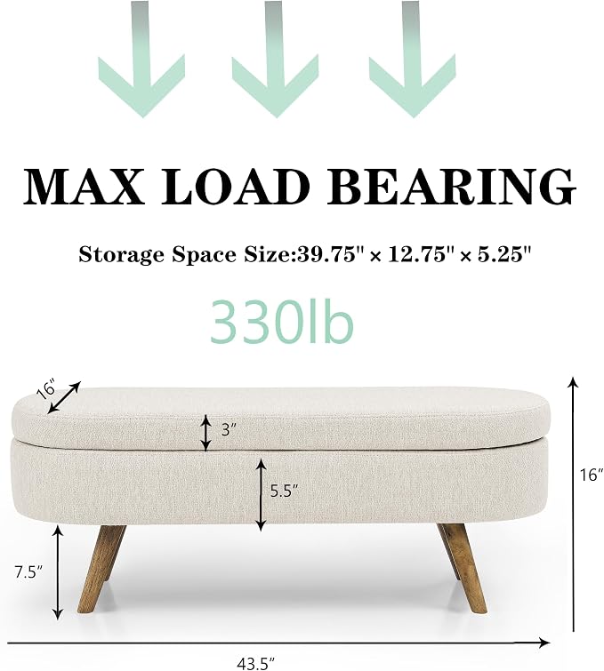 43.5" Ottoman with Storage, Storage Ottoman Bench with Safety Hinge, Linen End of Bed Bench, Upholstered Entryway Bench for Bedroom, Living Room & Window, Holds up to 330 lb, Beige