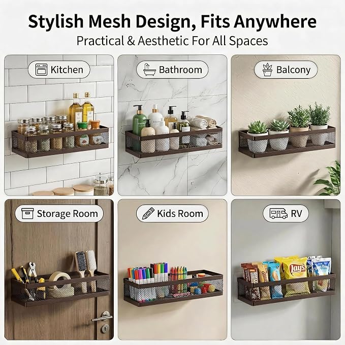 PUSDON 16.5-Inch Extra Long Slim Mesh Shower Caddy, Wall Mounted Bathroom Organizer with Adhesive, Heavy Duty Rustproof Shelf for Narrow Kitchen Pantry & RV, Holds 50 LBS Bronze -2 Packs Netting