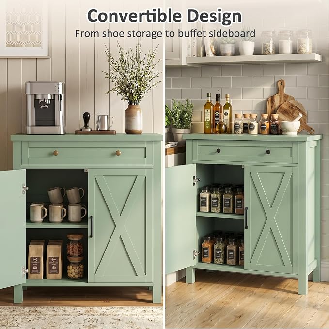 Farmhouse Shoe Storage Cabinet, 5-Tier High Boots Organizer with Adjustable Shelves, Large Drawer & Barn Doors, Entryway Shoe Rack for Hallway Living Room, Green