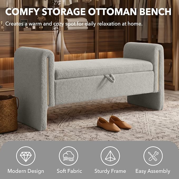 52" Flip-Top Storage Ottoman Bench, Teddy Entryway Bench (Grey) | Teddy Fleece Upholstered End of Bed Bench with Armrests, Soft Padded Window Bench for Living Room Bedroom Entryway