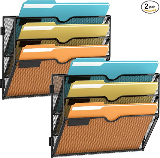 SUPEASY 3 Tier Wall File Organizer, Hanging Wall Mounted Mail Organizer with Label Slots, Metal Mesh File Holder Magazine Rack for Office, Home, School or Classroom, Black, 2Pack