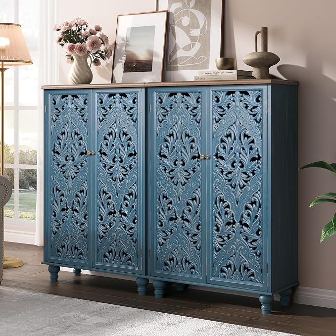 JOINICE 47" Tall Accent Cabinet with Carved Doors & Storage for Living Room | Vertical Storage for Dining Room,Bedroom, Carved Floral Design, Walnut Finish Top, Farmhouse/Rustic Style, Adjustable Shelves