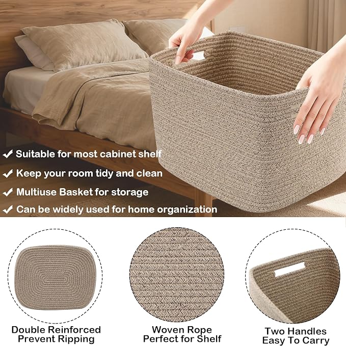 3 Pack Woven Baskets,Storage Baskets for Shelves with Handles | 13.5"×11"×9.5", Closet Baskets, Nursery Organizer for Toys Towels Books, Storage Bin for Living Room Bedroom (Mixed Brown)