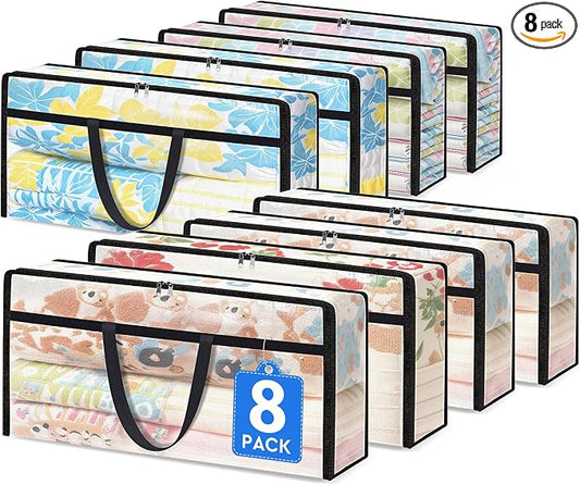 TasticTotes 8 Pack Clear Storage Bags for Comforter, 90L Long | Plastic Blanket Storage with Zipper & Handle, Foldable Moving Bags, Closet Organizer and Under-Bed Storage Containers