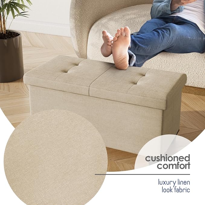 Storage Ottoman Bench with Bins, 30-in Storage Bench for Bedroom End of Bed, Folding Foot Rest Ottoman for Living Room Max 660lbs, Fabric Ottomans, Beige