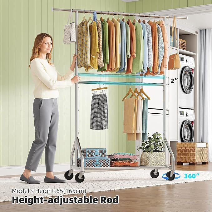 Simple Trending Heavy Duty Clothes Rack, Extendable Clothing Rack, Chrome | Double Rod Garment Rack, Freestanding Portable Closet, with Wheels & Shelf, Adjustable Middle Rod, for Bedroom, Laundry