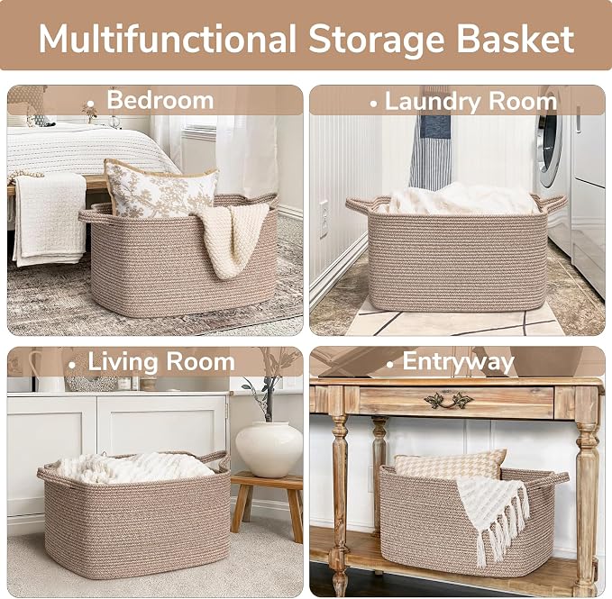 Goodpick Large Woven Storage Basket, Rectangle Organizer, Brown | 21.6 x 14.9 x 11.8 in, Cotton Rope, Living Room, Bedroom & Nursery Organization, Blankets, Toys & Clothes Storage