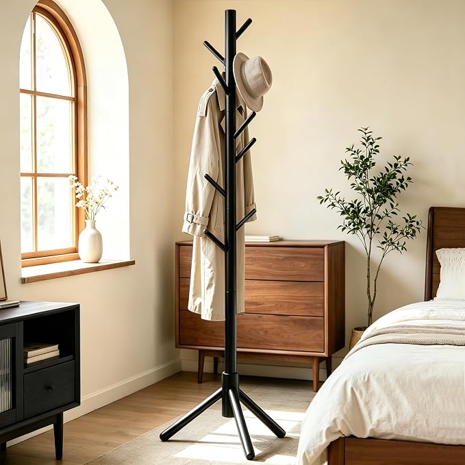 Wooden Coat Rack Freestanding with 8 Hooks & 3 Adjustable Sizes for Clothes, Space-Saving Design for Bedroom Office Entrance Holds Hats Coats Scarves Bags