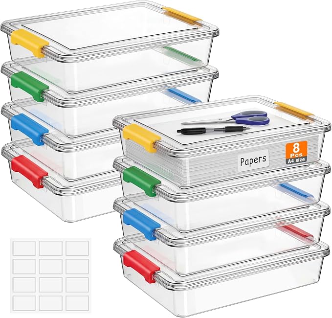 Fullhawl 8 Pcs Thickened Paper Storage Bin with Latching Lid, Label Clear Plastic Stackable Letter Size Tray Storage Container Arts Crafts Classroom Office Home Teacher Sorting (Rainbow)