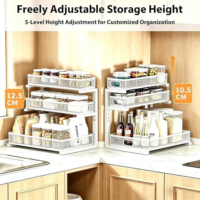 2 Pack Under Sink Organizer, 3-Tier Pull Out Kitchen Cabinet Organizer with 5 Adjustable Heights Metal Slide Out Bathroom Storage Makeup Drawer Rack for Bedroom Office Pantry Home Organization, White