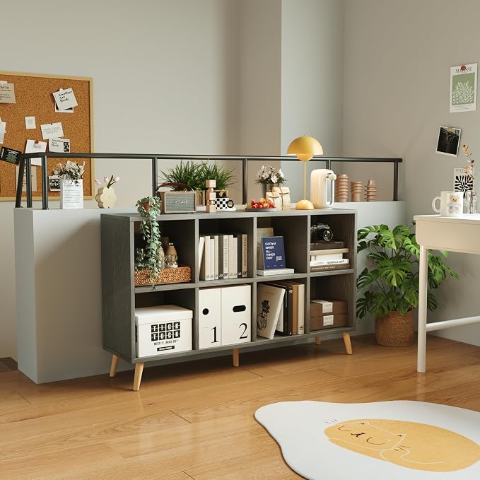 8-Cube Bookshelf 2 Tier Retro Bookcase with Legs, 11in Shelf Opening, 47" Wood Bookshelves Storage Organizer Shelf, Freestanding Open Book Shelves for Bedroom Living Room Office,Grey Oak
