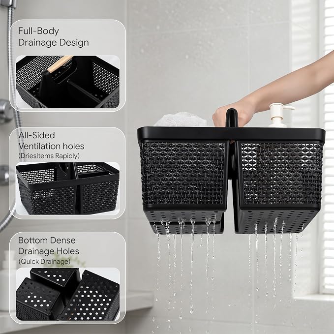UUJOLY Portable Plastic Shower Caddy Basket with Wooden Handle, Black | Divided Storage Organizer Tote for Bathroom, Dorm, College, Kitchen & RV – Lightweight, Easy-Carry Essentials Caddy