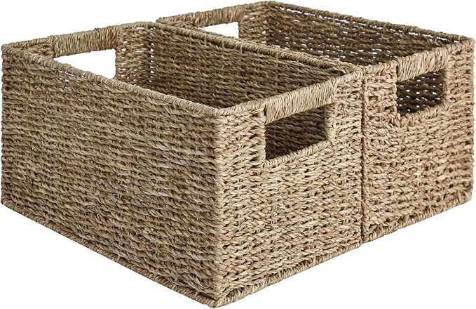 StorageWorks Wicker Storage Basket for Organizing, Medium Seagrass Storage Baskets with Built-in Handles for Pantry, Shelves,2-Pack