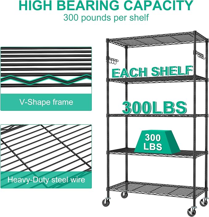 5 Tier Metal Shelving Unit Wire Storage Shelf with Wheels(14D x 36W x 75H) | Rolling Shelf Adjustable Utility Storage Rack Heavy Duty Wire Shelving Organizer for Kitchen Pantry Garage Basement, Black