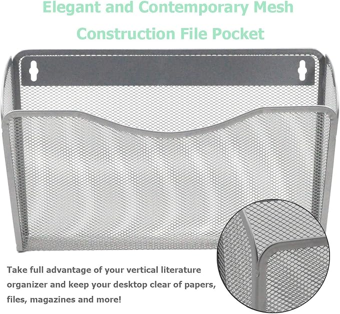 EASEPRES 3 Single Pocket Mesh Hanging File Organizer, Vertical Wall Mounted Magazine File Holder, Mount Basket Mail Paper Document Folder Organizing for Office, Home and School, Silver