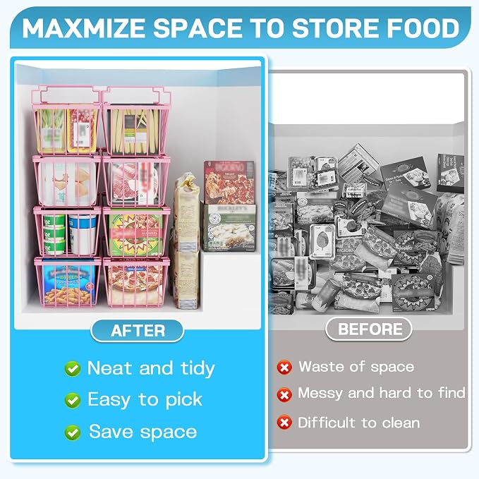 SUNALLY Freezer Organizer Bins, 8 Pack Stackable Pantry Storage Bins, Pink | Chest Freezer Organizer for 5-7 Cu.FT Deep Freezer to Sort Frozen Meats & Food, Wire Baskets for Pantry Organizers & Storage