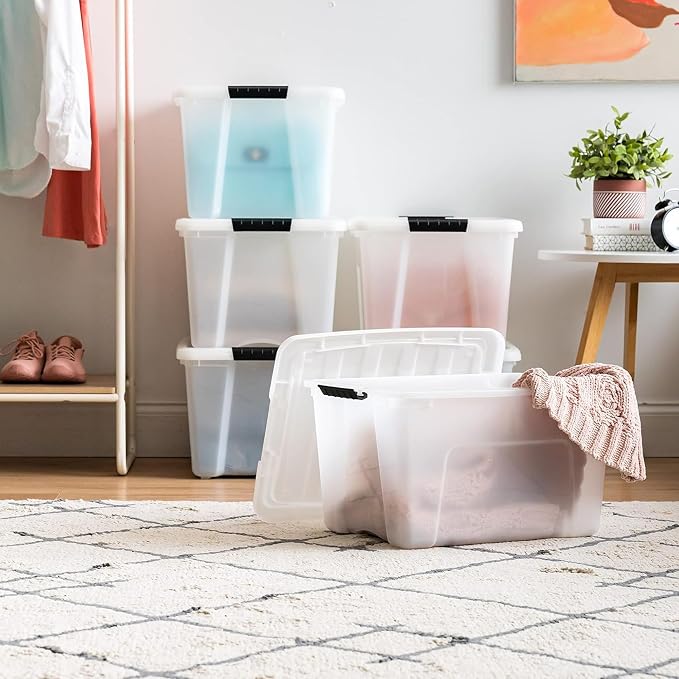 IRIS USA 6-Pack 40 Quart Storage Bins with Lids, Pearl | Conceals contents for a clean look. Perfect for moving, blankets, clothing, and garage storage. Nestable design saves space