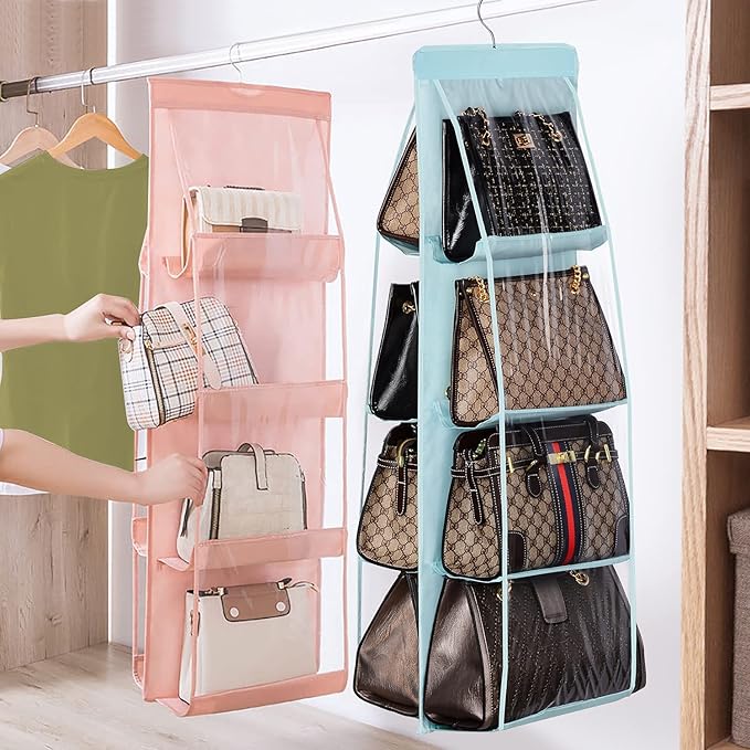 Lirex Handbag Hanging Purse Organizer for Closet, 8 Pocket Handbag Storage Organizer Hanger Oxford Cloth Closet Organizer for Family Closet Bedroom, Foldable and Universal Fit, Light Pink