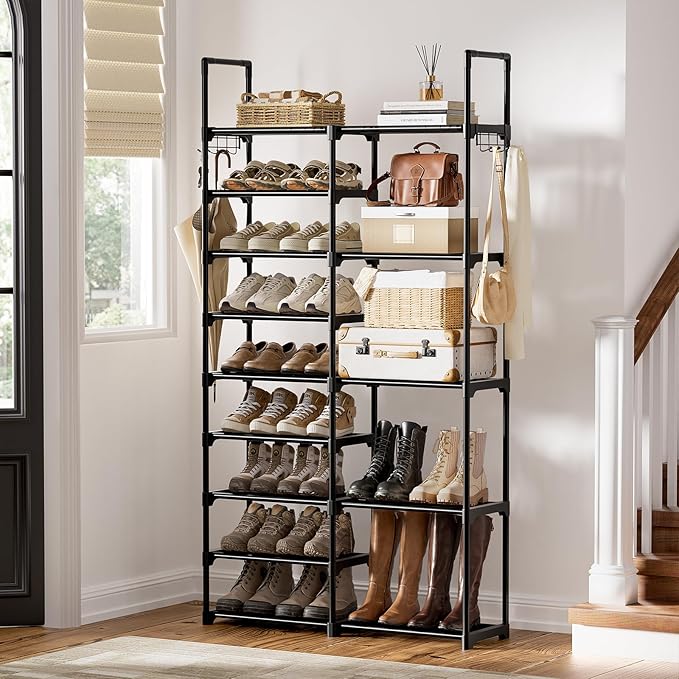 WOWLIVE 9 Tier 2-Column Shoe Rack, 30-35 Pairs Stackable Black | Compact 33.75in long fits narrow spaces. Removable layers for boots/heels. Split design for flexible layout.