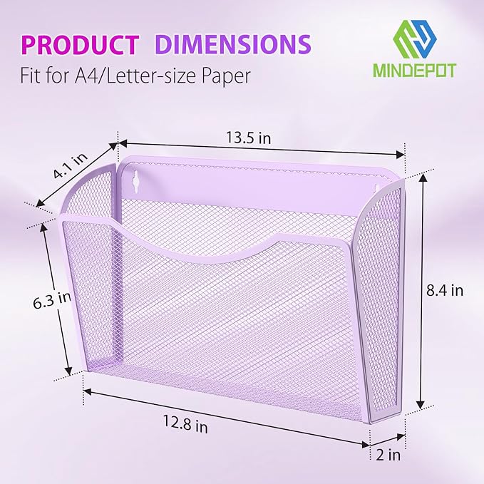 MINDEPOT Wall File Organizer, Hanging Wall File Holder, 3 Pack, Purple | Heavy Duty Iron, Metal Mesh Wall Mount, Single Pocket, Mail Organizer, for Office School Classroom Home, Letter A4 Size