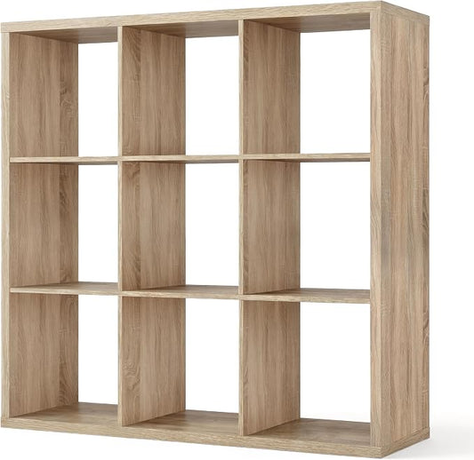 CAPHAUS Sturdy Room 13-Inch Cube Storage Organizer Shelf, with Extra Thick Exterior Edge, Open Storage Shelf Divider, Bookcase, 9-Cube, Natural Oak
