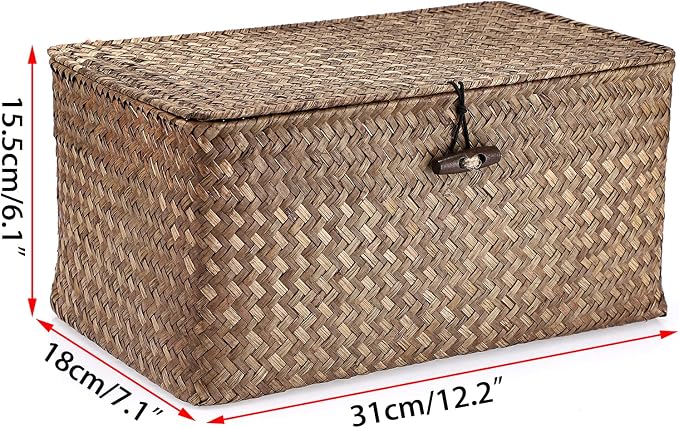 Hipiwe Wicker Shelf Baskets Storage Bin with Lid Handwoven Seagrass Basket | Rectangular Household Basket Boxes for Shelf Wardrobe Home Organizer, Coffee Medium