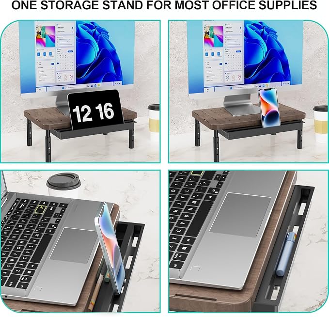 WALI Plastic Computer Monitor Stand with Storage, Desk Monitor Riser 3 Height Adjustable, Laptop Riser with Airflow Vents, Desk Organizer for Computer, Laptop, Printer (PTT002-C), 1 Pack, Brown