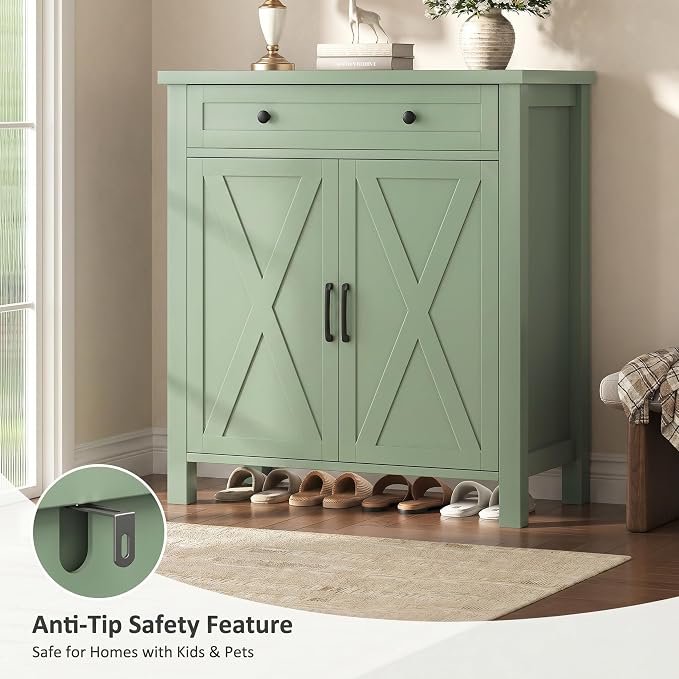 Farmhouse Shoe Storage Cabinet, 5-Tier High Boots Organizer with Adjustable Shelves, Large Drawer & Barn Doors, Entryway Shoe Rack for Hallway Living Room, Green