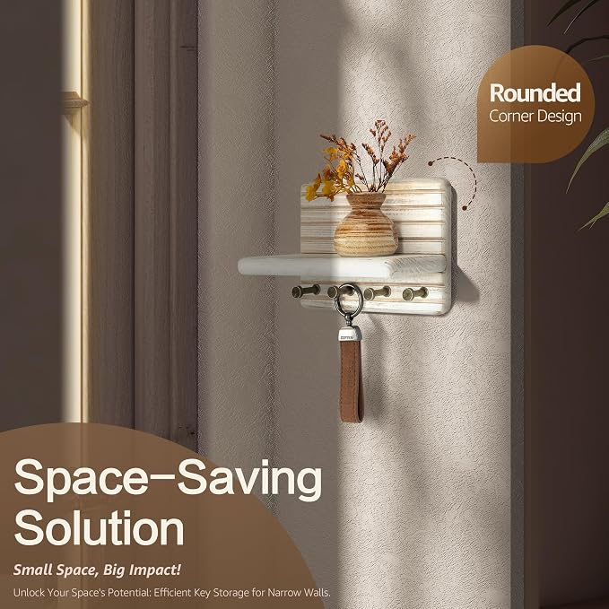 Rebee Vision Key Holder Wall Mount for Home Decor, Distressed White | Pine Wood Key Holder for Wall, 4 Key Hooks, Mini Display Ledge, Mail Organizer, Rustic Home Accent, Compact Apartment Storage